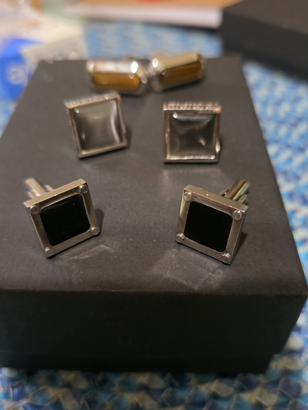 Classic Black Square Silver Cufflinks for Men Used Steel Time Set (3)